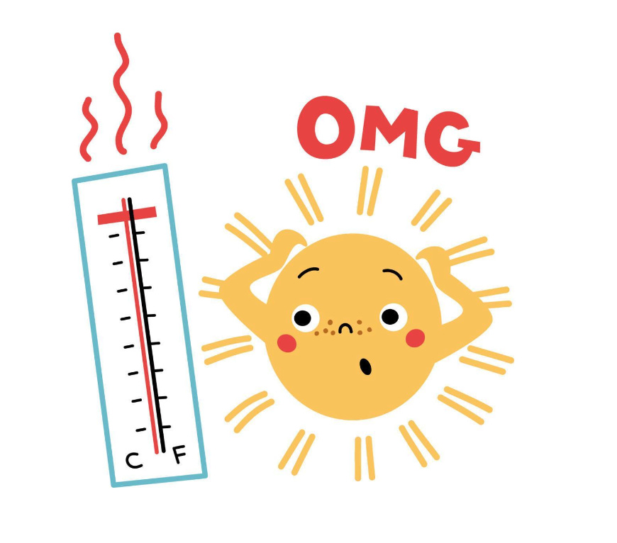 A flaming thermometer, with a Sun cartoon saying "OMG!"